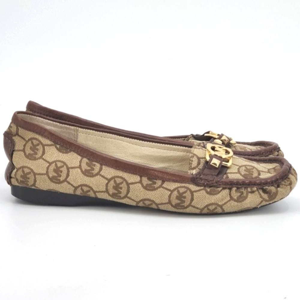 Michael Kors Signature Canvas Leather ‘MK’ Gold Medallion Loafers Womens Size 11